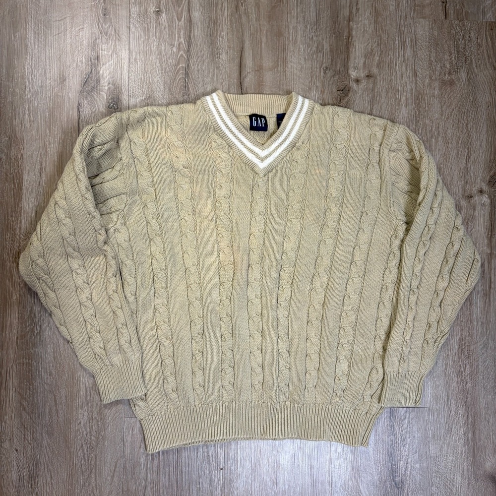 VTG GAP Tennis Sweater Cable Knit Tan Mens Medium V Neck Cotton Vintage